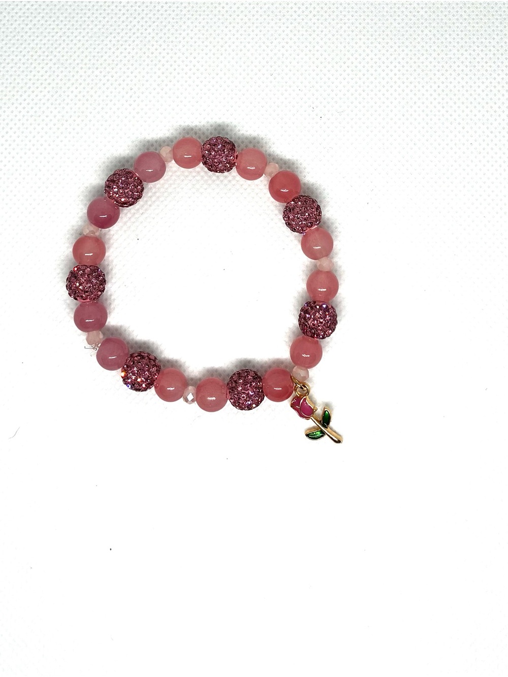 Pink Beaded Stretch Bracelet with Rose Charm